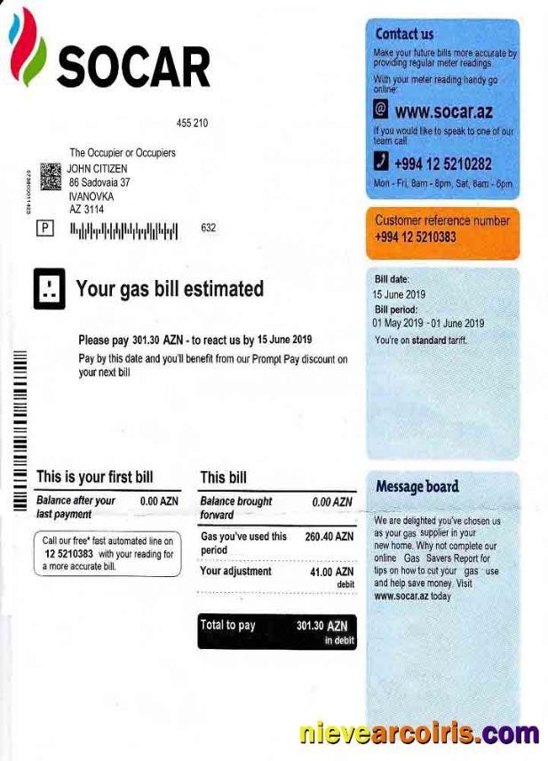 Azerbaijan Socar Gas utility bill